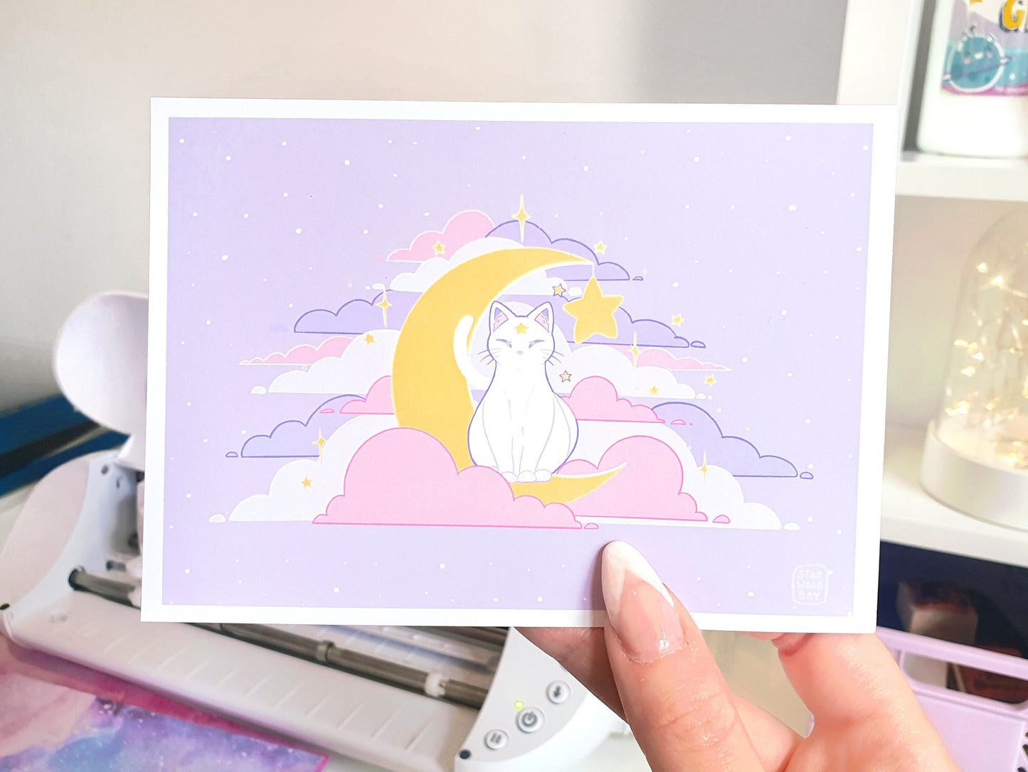 Celestial White Cat Wall Art Print